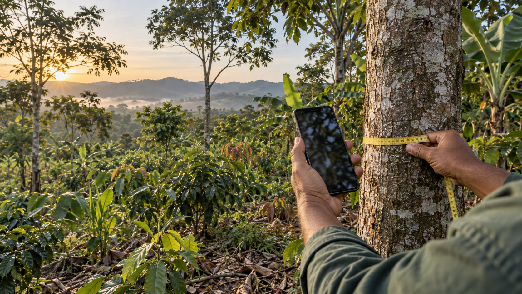 AI-generated editorial illustration of smartphone-based tree measurement in an agroforestry landscape